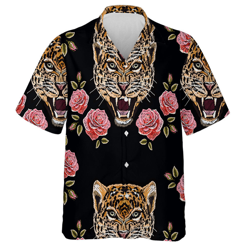 Colorful Floral Embroidery With Roses And Leopards Hawaiian Shirt, Hawaiian Shirt Gift, Christmas Gift