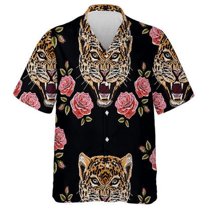 Colorful Floral Embroidery With Roses And Leopards Hawaiian Shirt, Hawaiian Shirt Gift, Christmas Gift