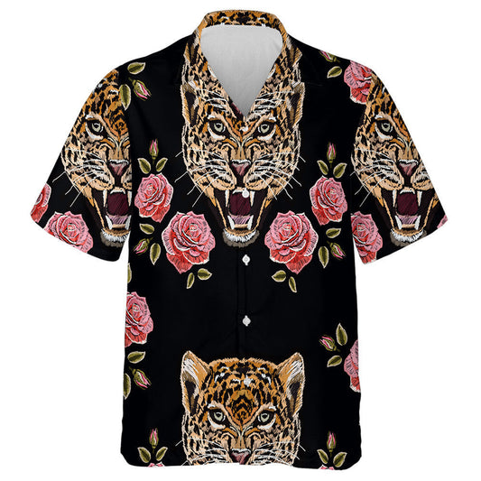 Colorful Floral Embroidery With Roses And Leopards Hawaiian Shirt, Hawaiian Shirt Gift, Christmas Gift