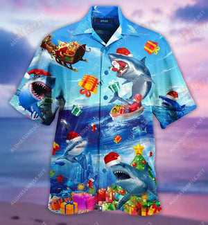 Santa Shark Christmas Unisex Short Hawaiian Shirt Ocean Hawaiian T Shirts Best Hawaiian Shirts Hawaiian Shirts For Women, Hawaiian Shirt Gift, Christmas Gift