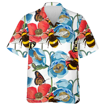 Bláthanna Poppy Dearg le Bumblebee Ar Chúlra Bláthanna Geal Léine Haváís, Bronntanas Léine Haváís, Bronntanas Nollag