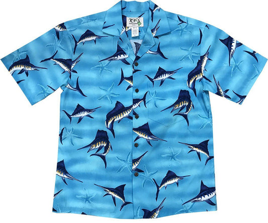 Marlin Madness Blue Hawaiian Aloha Shirt Hawaiian Shorts Beach Short Sleeve, Hawaiian Shirt Gift, Christmas Gift