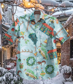 Cartoon Christmas House And Animals Vintage Style Design Hawaiian Shirt, Hawaiian Shirt Gift, Christmas Gift.