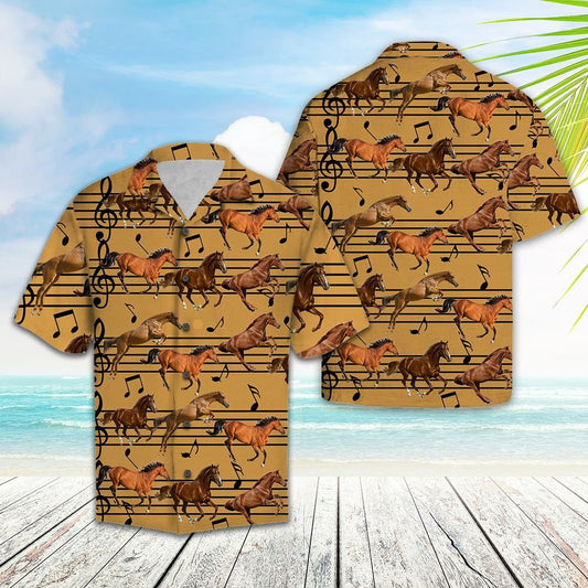 Vintage Brown Horse Love Music Notes Pattern Hawaiian Shirt, Hawaiian Shirt Gift, Christmas Gift