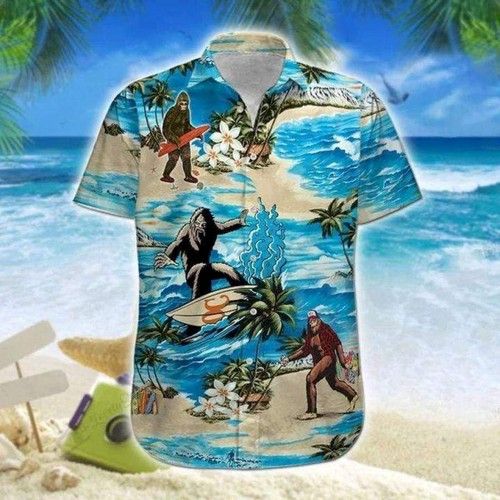 Bigfoot Surfing Sunset Hawaiian Aloha Shirts,Hawaiian Shirt Gift, Christmas Gift