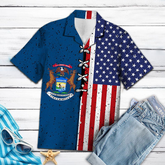 Awesome Flag Of Michigan Usa Flag Pattern Hawaiian Shirt, Hawaiian Shirt Gift, Christmas Gift