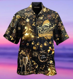 Gold And Black Cool Merry Christmas Bling Design Hawaiian Shirt, Hawaiian Shirt Gift, Christmas Gift