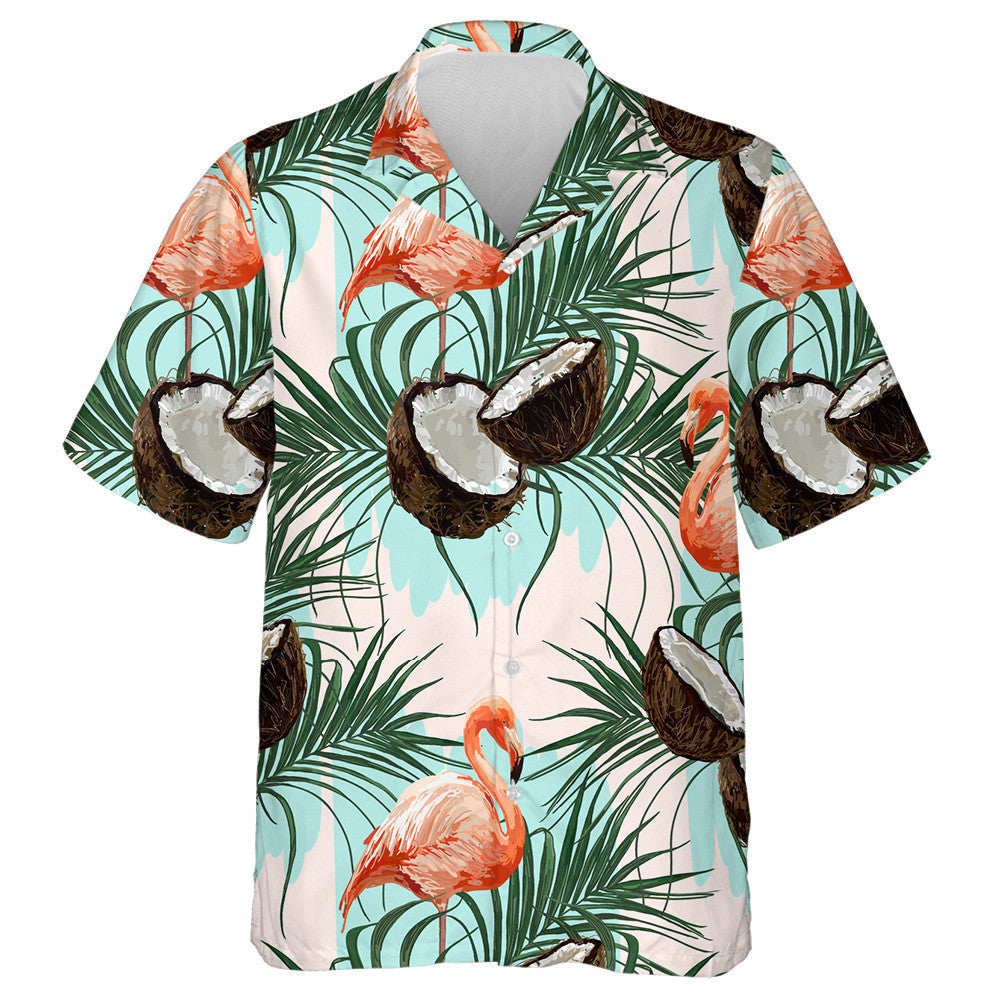 Orange Flamingo With Palm Leaves And Coconuts Hawaiian Shirt, Hawaiian Shirt Gift, Christmas Gift