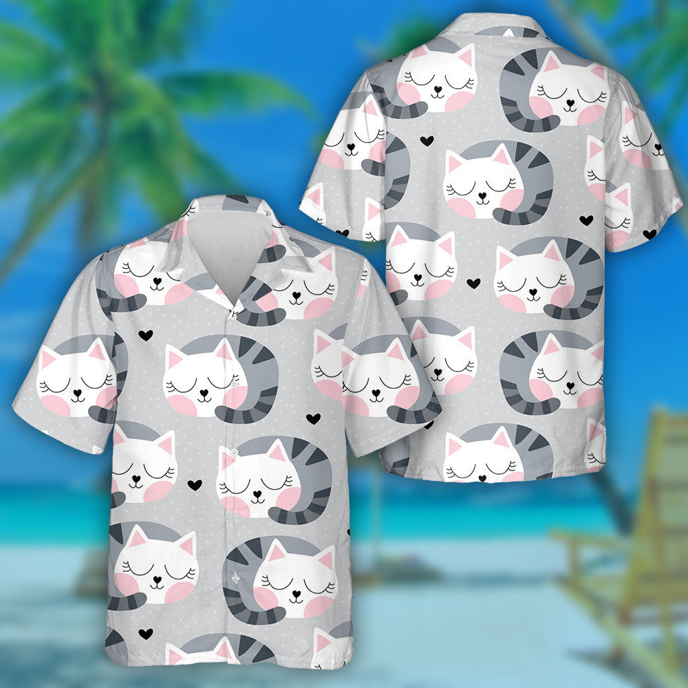Cute Hand Drawn Sleeping Cat And Snow Hawaiian Shirt, Hawaiian Shirt Gift, Christmas Gift