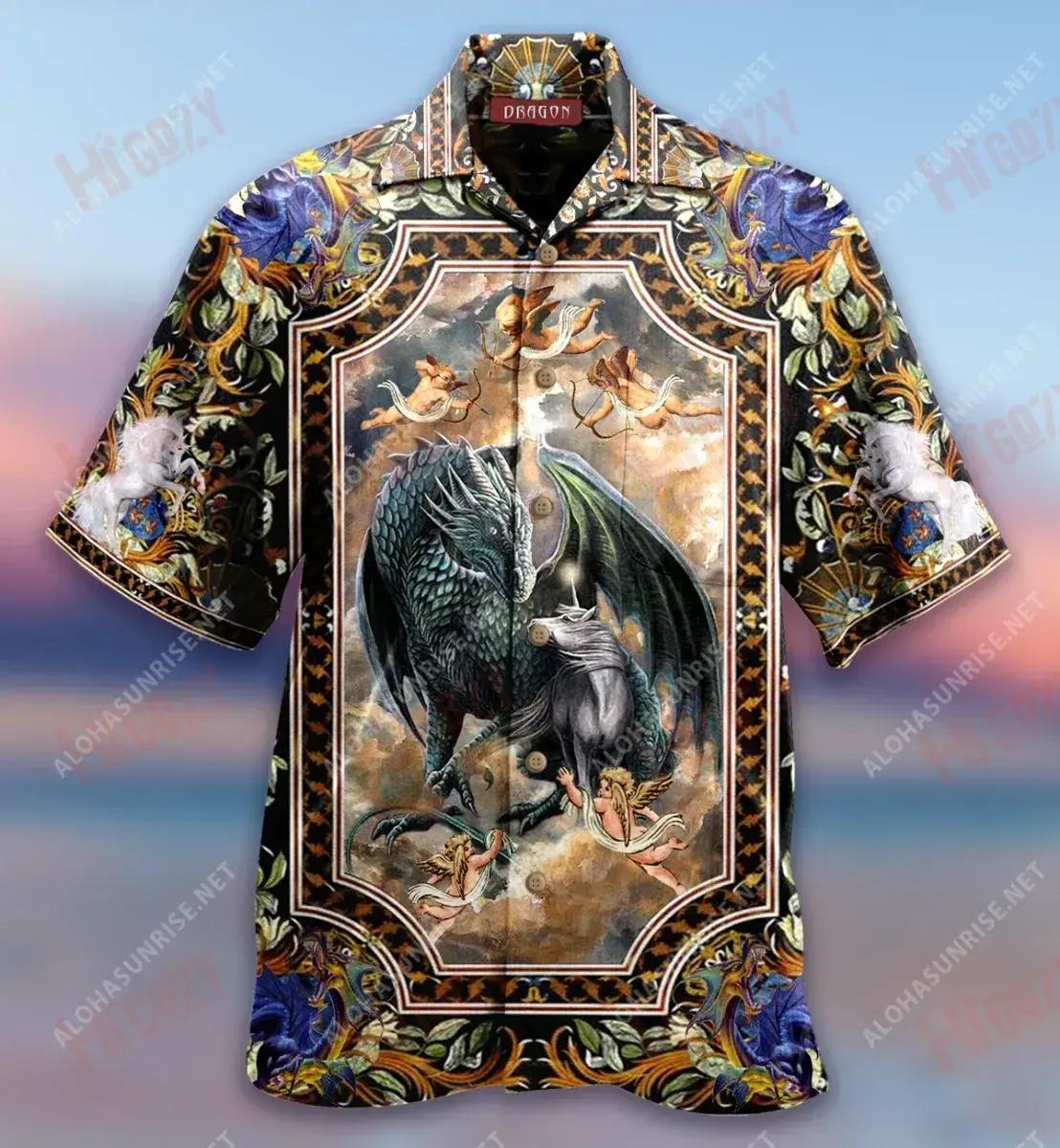 Dragon And Unicorn Short Short Sleeve Shirt Summer Short Sleeve Tactical Hawaiian Shirt Hawaiian Shirts For Women_Hawaiian Shirt Gift, Christmas Gift