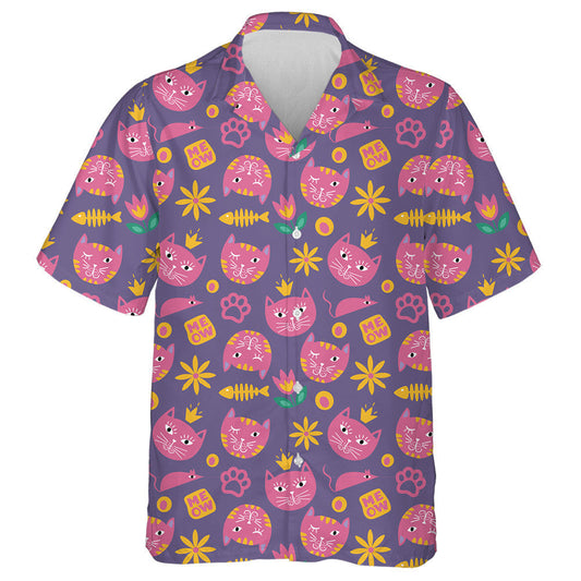 Funny Cat Pink Faces On Violet Background Hawaiian Shirt, Hawaiian Shirt Gift, Christmas Gift