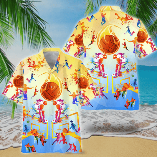 Basketball Fire With Passion Yellow To Blue Hawaiian Shirt, Hawaiian Shirt Gift, Christmas Gift