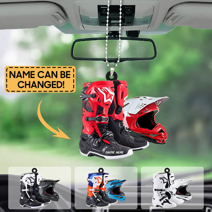 Personalized Motocross Boots Helmet Car Hanging Ornament, Motocross Boots Helmet Ornament, Christmas Decoration