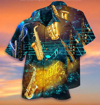 Music All Night Golden Saxophone Flying Notes Pattern Hawaiian Shirt, Hawaiian Shirt Gift, Christmas Gift