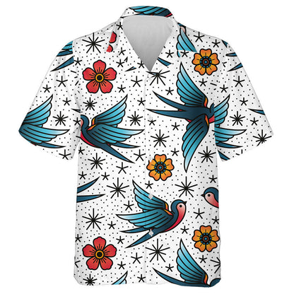 Flying Birds With Flowers And Small Dots Hawaiian Shirt, Hawaiian Shirt Gift, Christmas Gift