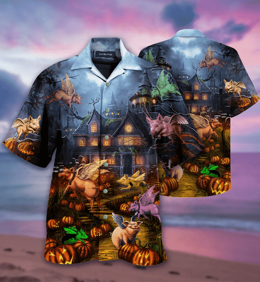Cartoon When Pigs Fly Halloween Dramatic Hawaiian Shirt,Hawaiian Shirt Gift, Christmas Gift
