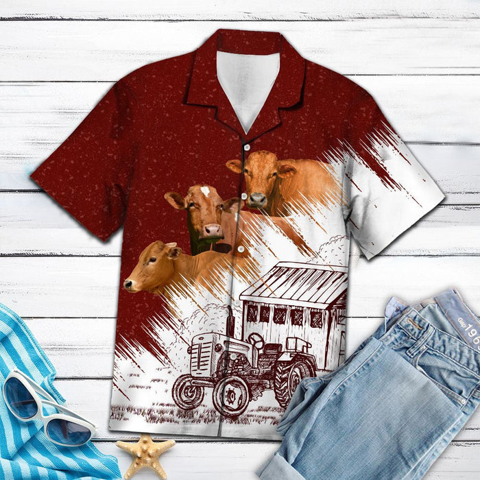 Cow Farm With Barn And Tractor Hawaiian Shirt,Hawaiian Shirt Gift, Christmas Gift