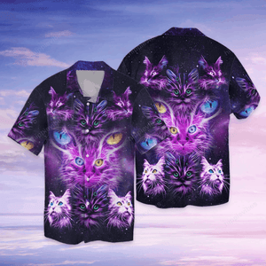 Cat With Blue And Yellow Eyes Neon Purple Theme Hawaiian Shirt, Hawaiian Shirt Gift, Christmas Gift
