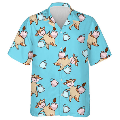 Cute Cartoon Cow On A Shopping Trip Hawaiian Shirt, Hawaiian Shirt Gift, Christmas Gift