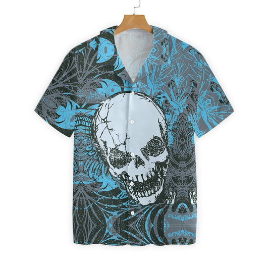 Retro Skull Pattern Blue Leave Design Hawaiian Shirt,Hawaiian Shirt Gift, Christmas Gift