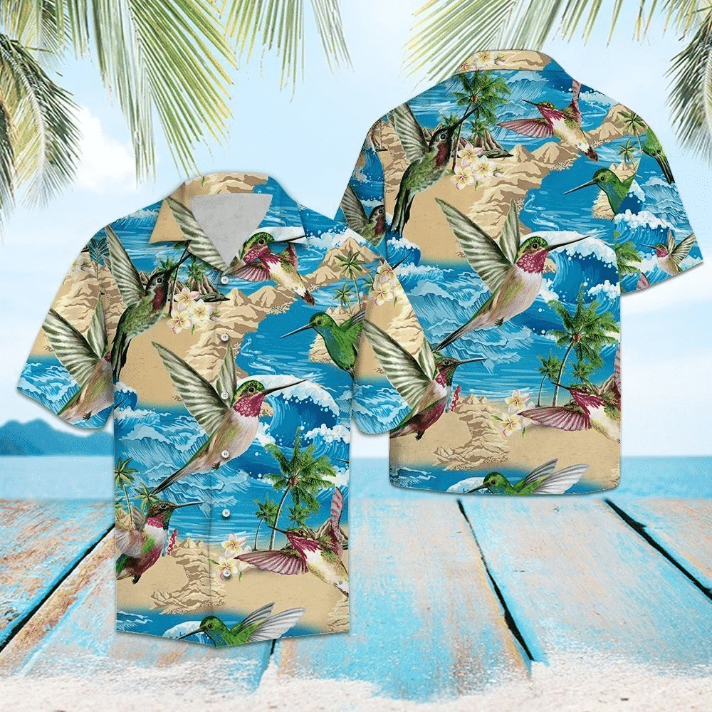 Hummingbird On Beach Summer Blue Wave Pattern Hawaiian Shirt, Hawaiian Shirt Gift, Christmas Gift