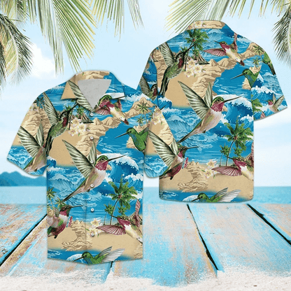 Hummingbird On Beach Summer Blue Wave Pattern Hawaiian Shirt, Hawaiian Shirt Gift, Christmas Gift