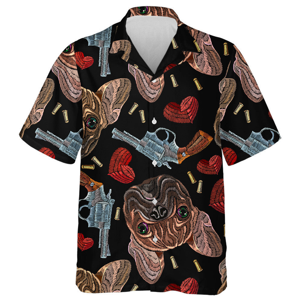 Embroidery Gangster Bulldog Hearts And Guns Hawaiian Shirt,Hawaiian Shirt Gift, Christmas Gift