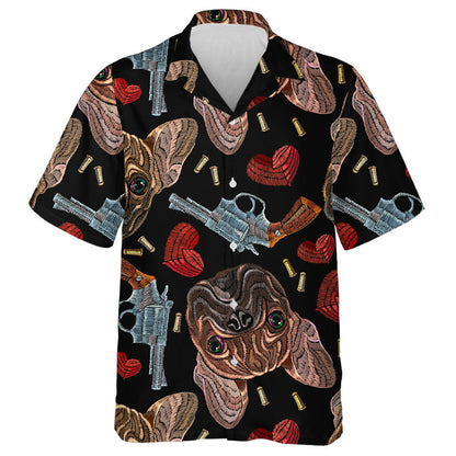 Embroidery Gangster Bulldog Hearts And Guns Hawaiian Shirt,Hawaiian Shirt Gift, Christmas Gift