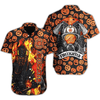 Firefighter And Pumpkin Halloween Ornamental Hawaiian Shirt,Hawaiian Shirt Gift, Christmas Gift