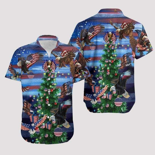 Merry Christmas Hawaiian Shirt America Eagle Colorful Tree Pattern, Hawaiian Shirt Gift, Christmas Gift