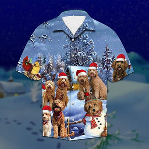 Brown Labradoodle And Snow Man Santa Christmas Hawaiian Shirt, Hawaiian Shirt Gift, Christmas Gift.