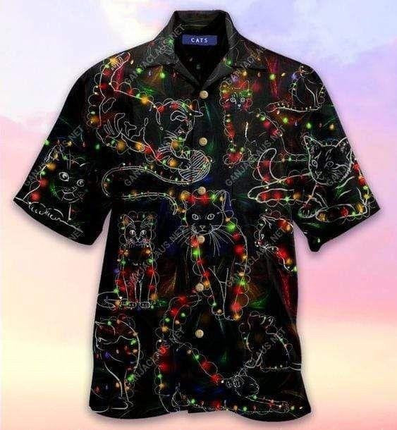 Hawaiian Shirt Christmas Colorful Light Black Cat Themed, Hawaiian Shirt Gift, Christmas Gift