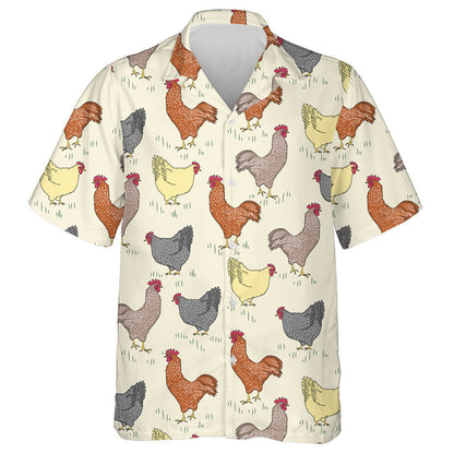 Beautiful Rooster And Chicken Sitting On Grass Hawaiian Shirt, Hawaiian Shirt Gift, Christmas Gift
