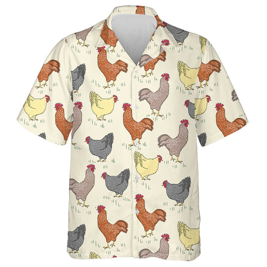 Beautiful Rooster And Chicken Sitting On Grass Hawaiian Shirt, Hawaiian Shirt Gift, Christmas Gift