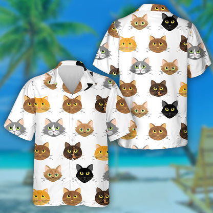 Cartoon Cat's Heads On White Background Hawaiian Shirt, Hawaiian For Gift