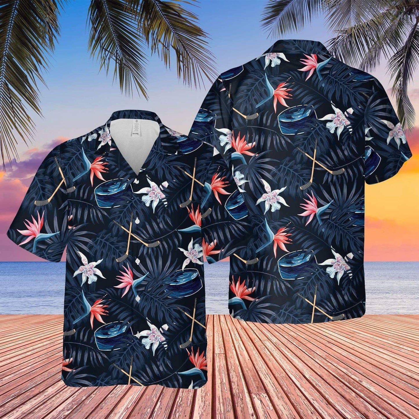 Ice Hockey Stick And Puck Tropical Hawaiian Shirt, Hawaiian For Gift