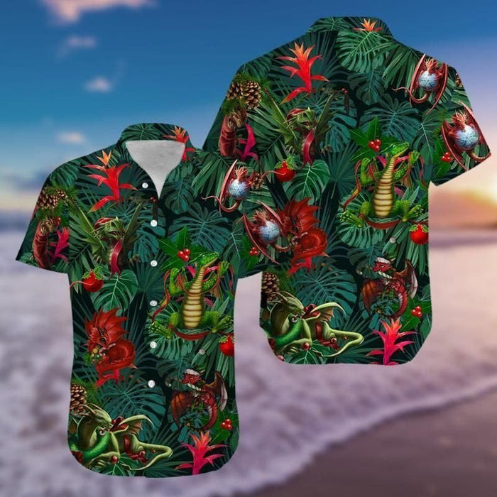 Hawaiian Shirt Christmas Dragon On Tropica Leaves Background, Hawaiian Shirt Gift, Christmas Gift