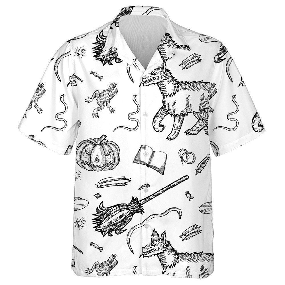 Ink Line Illustration For Halloween With Wolf Hawaiian Shirt, Hawaiian Shirt Gift, Christmas Gift