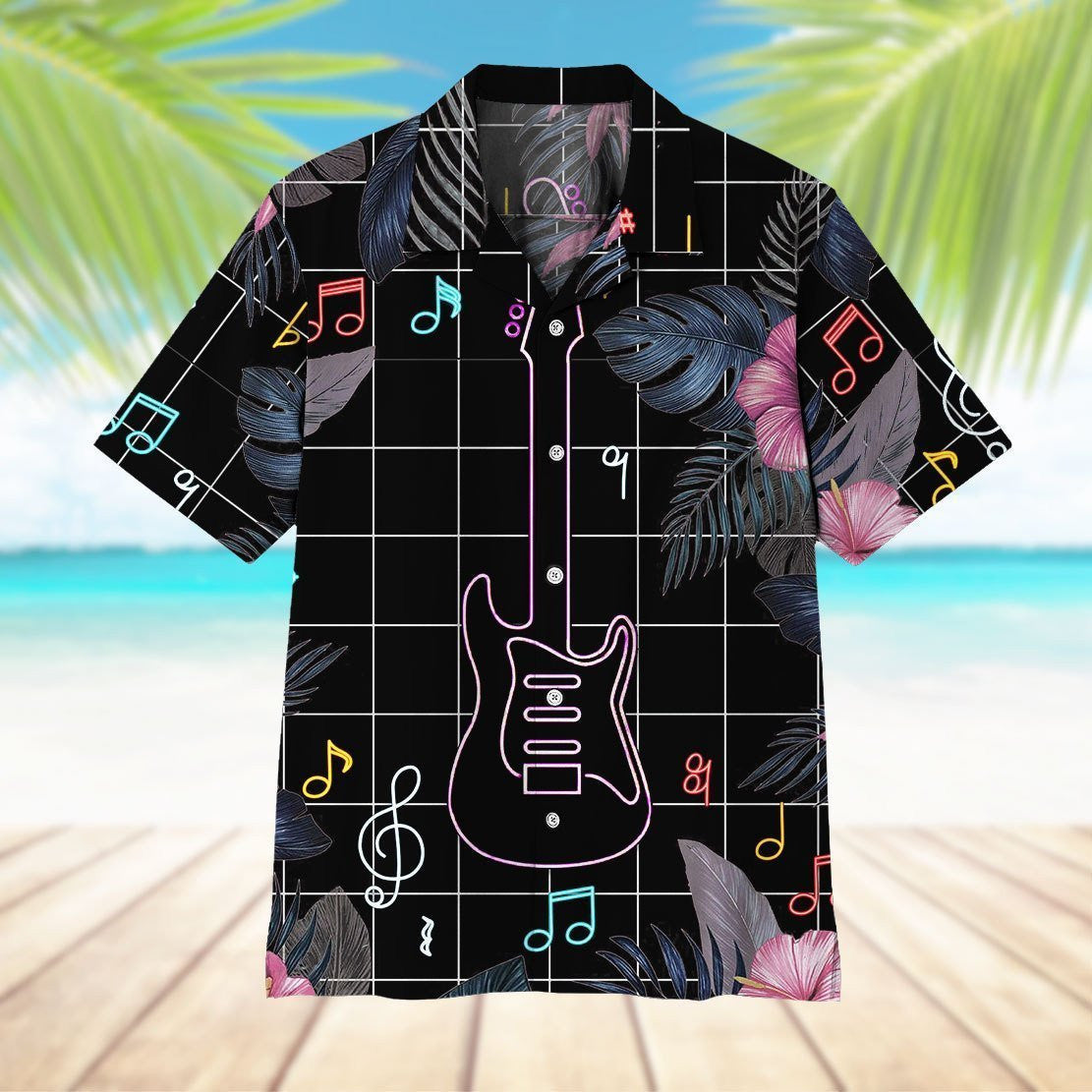 Neon Electric Guitar Awesome Background Design Hawaiian Shirt,Hawaiian Shirt Gift, Christmas Gift