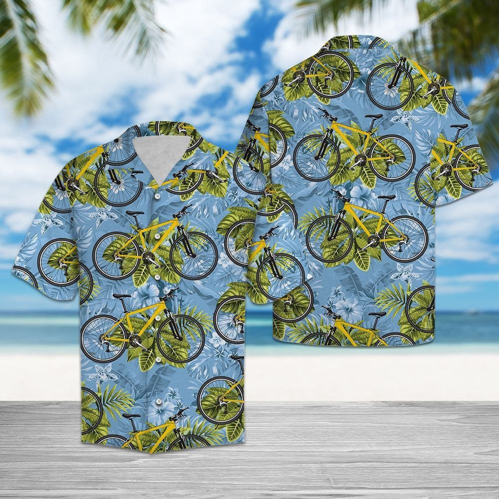 Biking Tropical Leaves On Bike Blue Themed Hawaiian Shirt, Hawaiian Shirt Gift, Christmas Gift