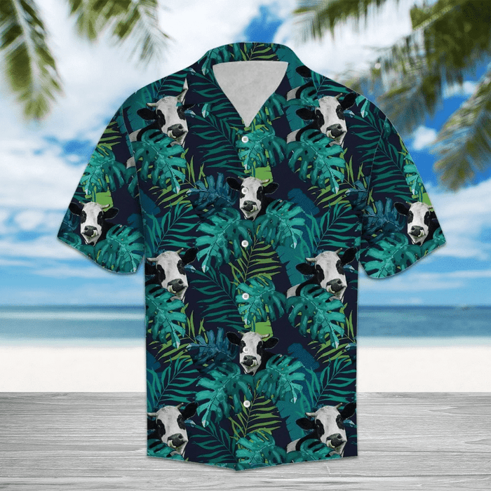 Dairy Cow And Tropical Leave Pattern Hawaiian Shirt,Hawaiian Shirt Gift, Christmas Gift