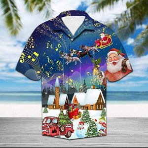 Frenchie Sleigh With Santa Christmas Music Design Hawaiian Shirt, Hawaiian Shirt Gift, Christmas Gift