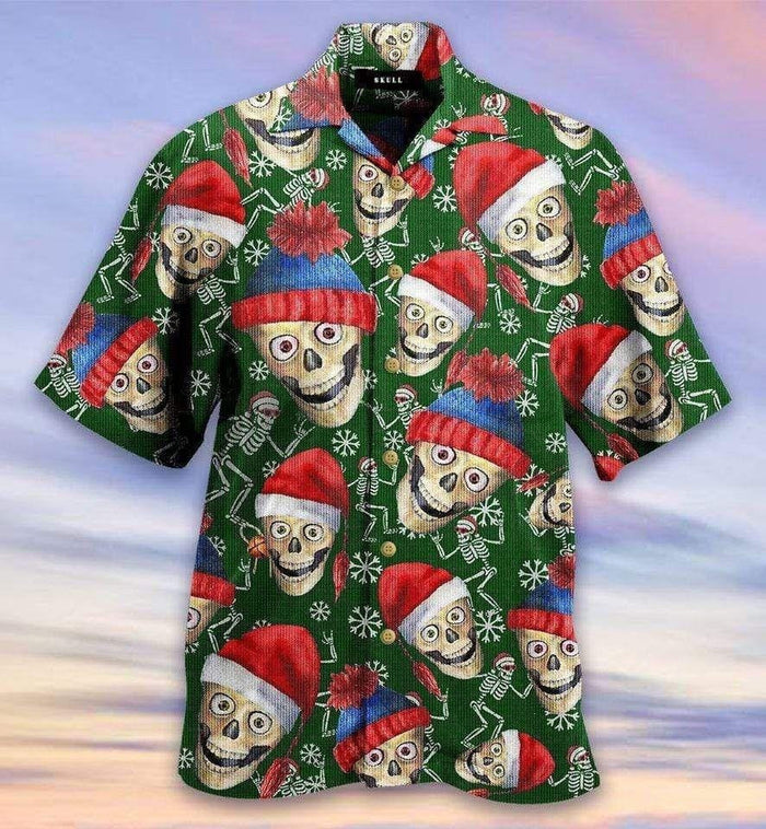 Funny Christmas Skull In Santa Hat Green Hawaiian Shirt, Hawaiian Shirt Gift, Christmas Gift