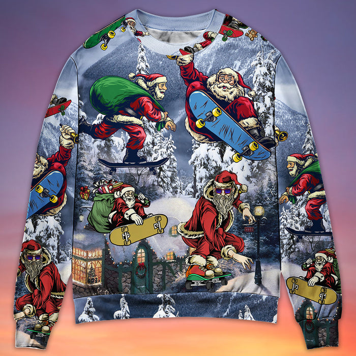 Christmas Santa Claus Skateboarding Snow Mountain Gift Light Art Style Ugly Christmas Sweater, Christmas Gift, Gift Christmas 2024