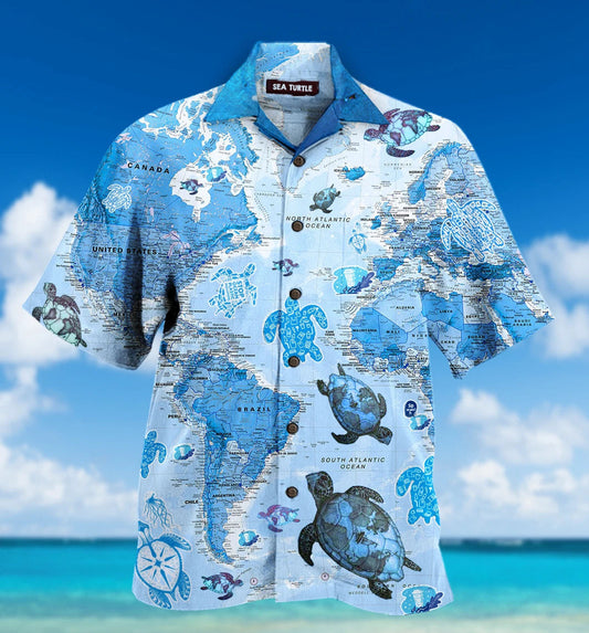 Tutle Map Blue And White Design Hawaiian Shirt, Hawaiian For Gift