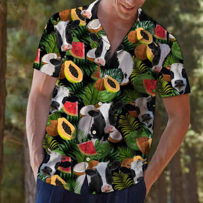 Farm Cow With Papaya And Watermelon Slices Hawaiian Shirt, Hawaiian Shirt Gift, Christmas Gift