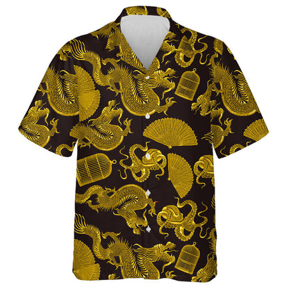 Golden Asian Dragons Octopus Fan And Cage Hawaiian Shirt, Hawaiian Shirt Gift, Christmas Gift