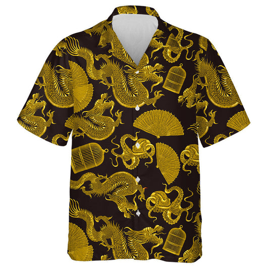 Golden Asian Dragons Octopus Fan And Cage Hawaiian Shirt, Hawaiian Shirt Gift, Christmas Gift