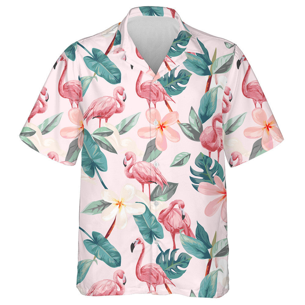 Beautiful Flamingos With Tropical Flowers Anf Leaves Hawaiian Shirt, Hawaiian Shirt Gift, Christmas Gift