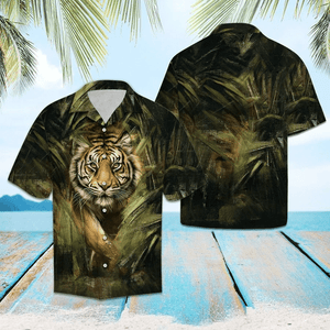 Awesome Tiger Deep Forest Pattern Hawaiian Shirt, Hawaiian For Gift